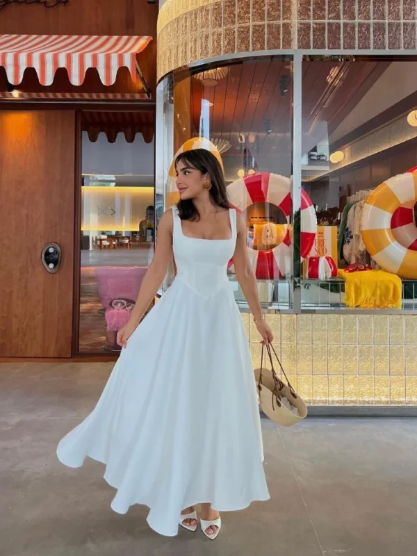 Elegant White High Waist Women's Dress - Image 2