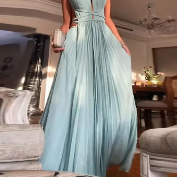 Women O-neck High Waist Pleated Long Dress - Image 2