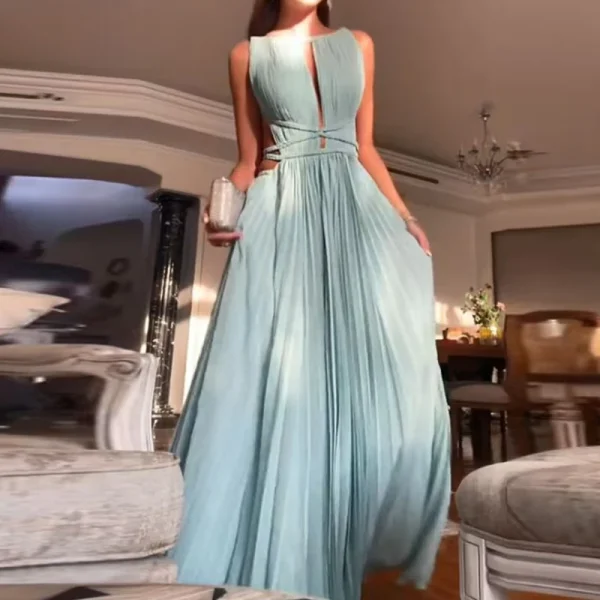 Women O-neck High Waist Pleated Long Dress