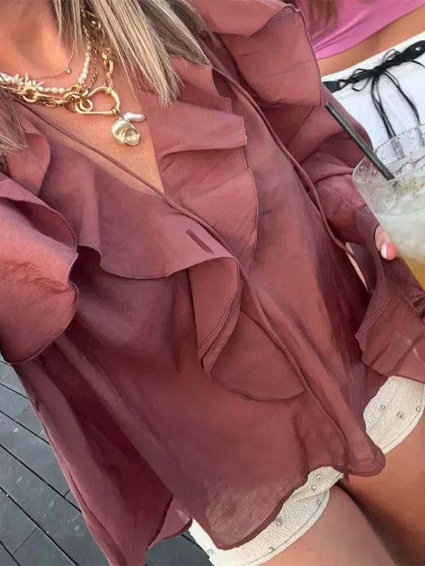 Elegant Ruffles Flared Sleeve Oversized Shir - Image 6