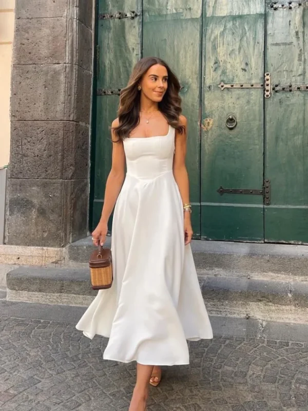 Elegant White High Waist Women's Dress