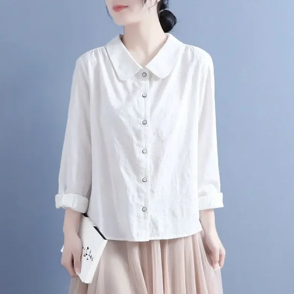 Office Lady Solid Color Cotton Linen Long Sleeve Shirts - Image 2