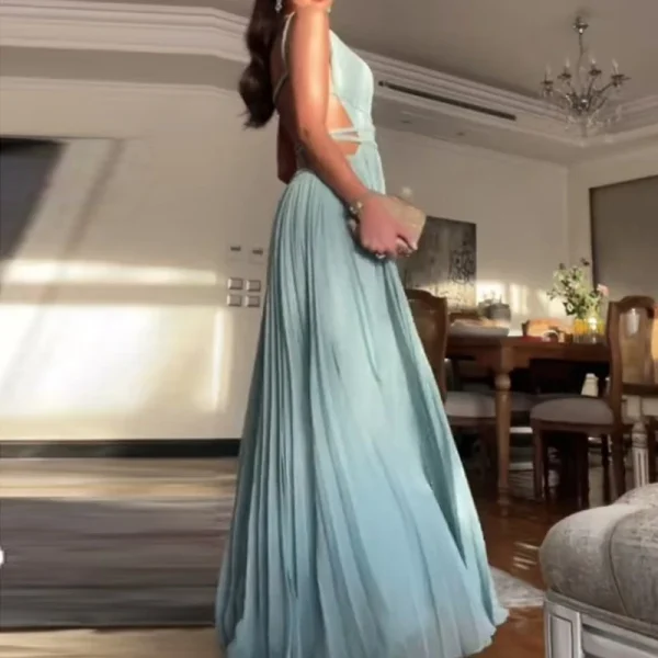 Women O-neck High Waist Pleated Long Dress - Image 3