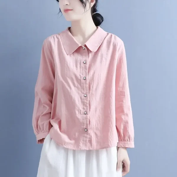 Office Lady Solid Color Cotton Linen Long Sleeve Shirts - Image 3