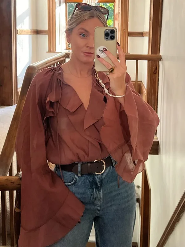 Elegant Ruffles Flared Sleeve Oversized Shir - Image 5