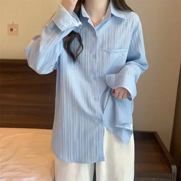 Solid Color Polo Collar Women Shirts - Image 5