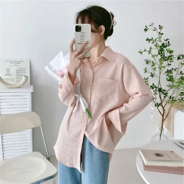 Solid Color Polo Collar Women Shirts - Image 4
